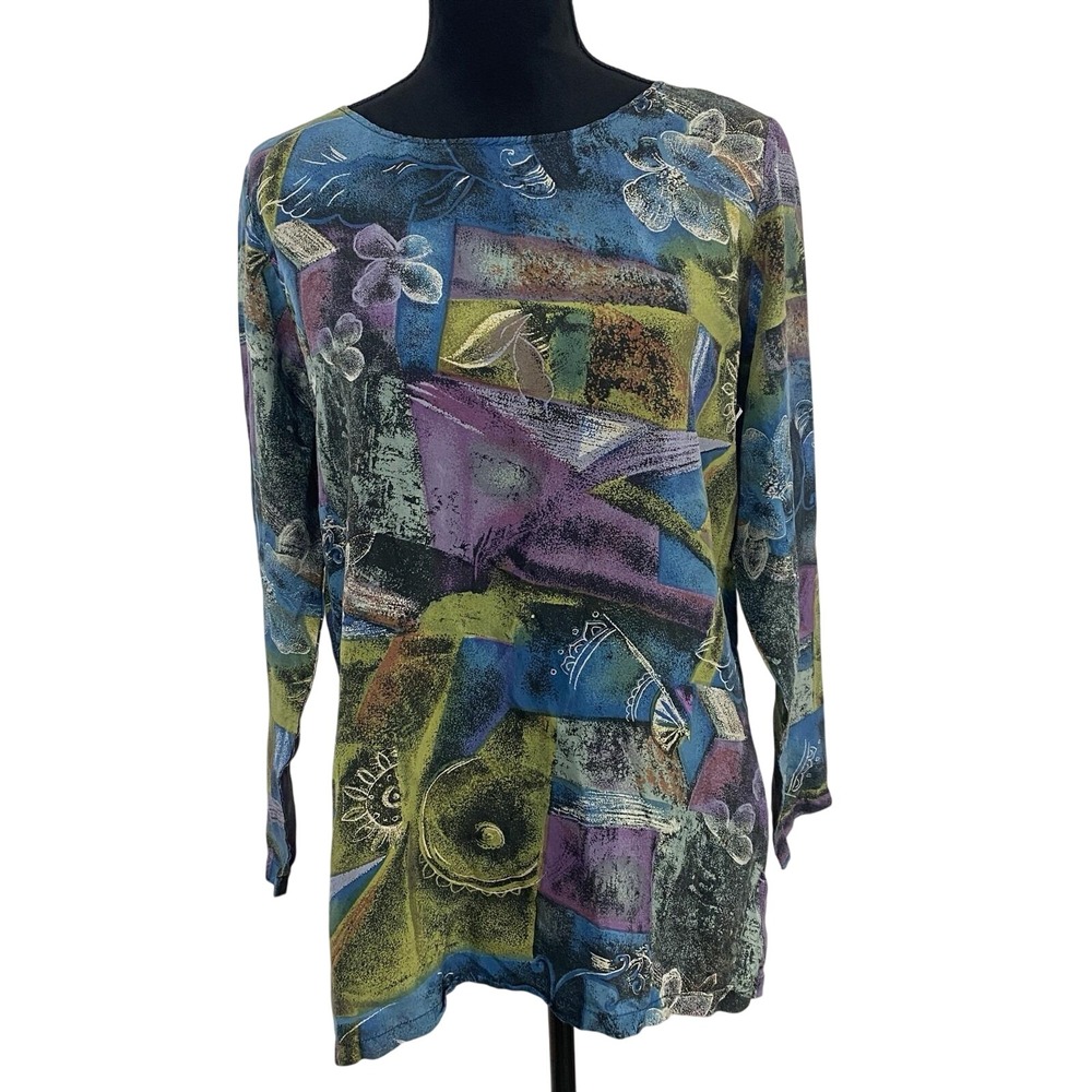 Vintage IOIO 100% Silk, Colorful Abstract Print Women's Top, Sz S
